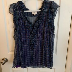 ECI New York Plaid Top. Size 20. Ruffle sleeves/front. Button up. Silk outer
